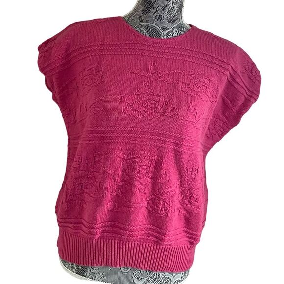 Vintage 80s Kinetic New York Textured Floral Knit Sweater Pink - Picture 1 of 6